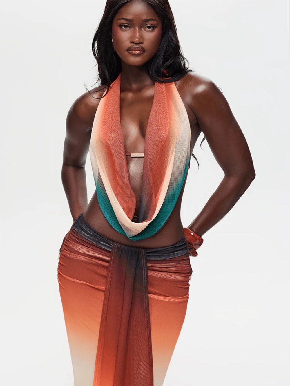 Murci Aquarius Gradient Orange to Teal Maxi Skirt